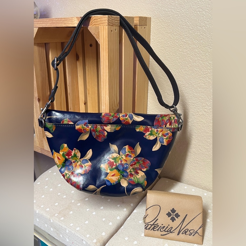 Patricia Nash Blue Floral Leather Crossbody or Shoulder Bag
